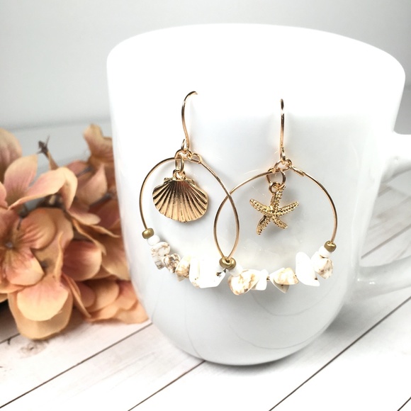 Seashell Bead Hoop Dangle Earrings - Picture 7 of 10